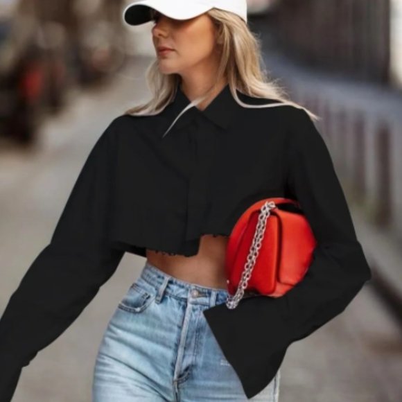 SMTYNN Boutique Tops - NWT Collared Frayed Hem Long Sleeve Black Plain Kepping It Sassy Cropped Shirt